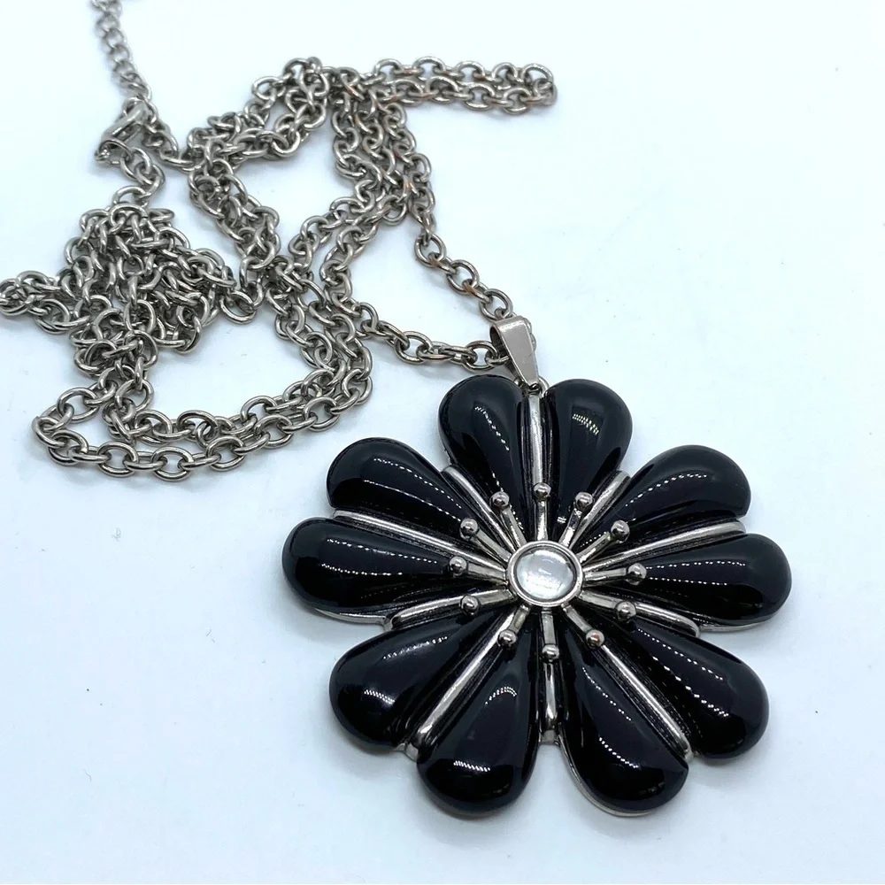 Long Silver and Black Floral Necklace Pendant